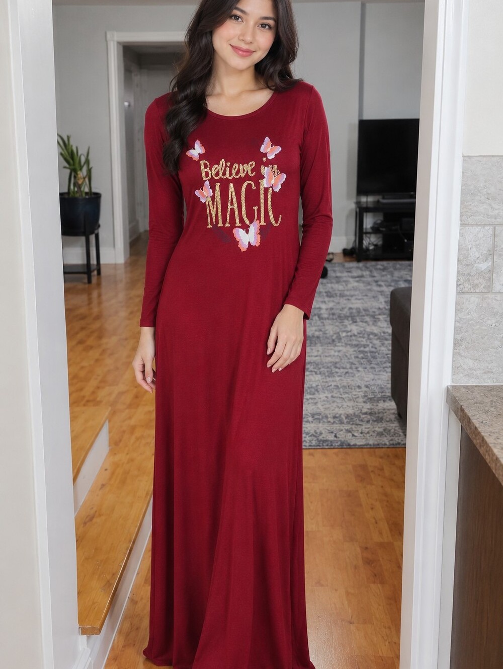 Trend City Red "Believe In Magic" Butterfly Maxi Dress Long Sleeve Size M